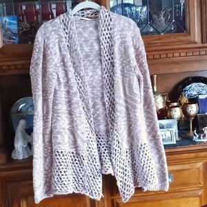 belldini Light Brown an White Cardigan, crocheted front and neckline, large, EUC